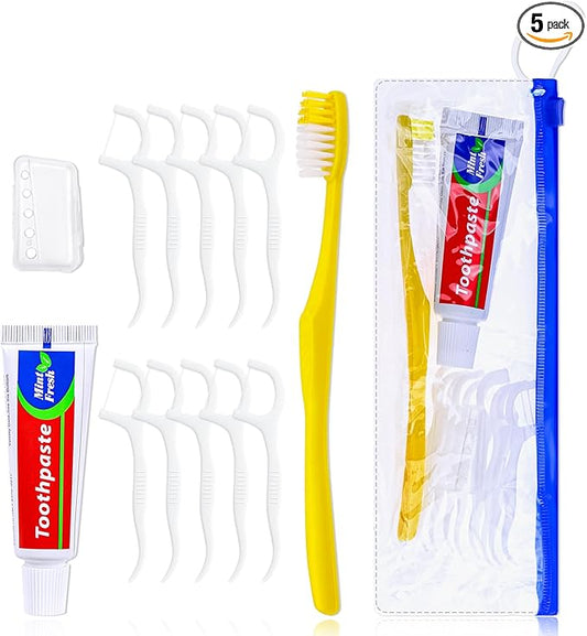 Xuezoioy 5 pcs Disposable Toothbrushes with Toothpaste and Floss Set,Yellow Individually Wrapped Bulk Single Use Toothbrush Floss Cover Travel Toothbrushes Kit with Zip Bag for Homeless,Hotel,Guest