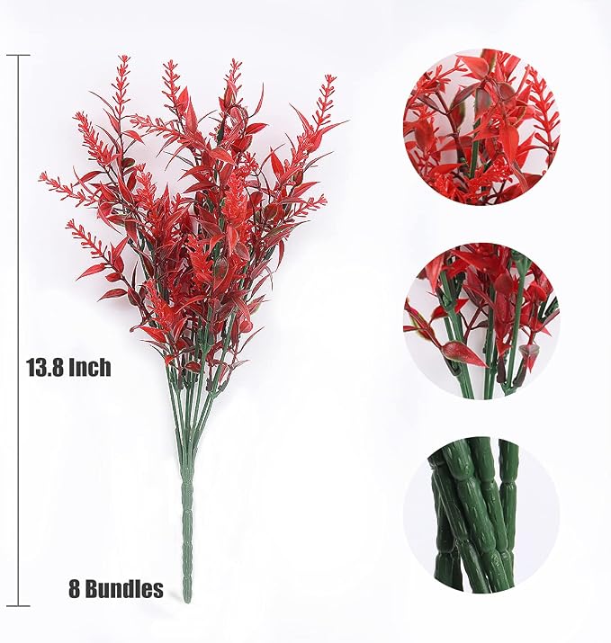 RECUTMS Artificial Outdoor Flowers,Faux Fall Plant Plastic Lavender Bouquet | 8Pcs,Red UV Resistant Faux Flowers fo Outdoor Planters,Spring Fall Decor,Lifelike Natural Fake Plant to Brighten Up Your Home