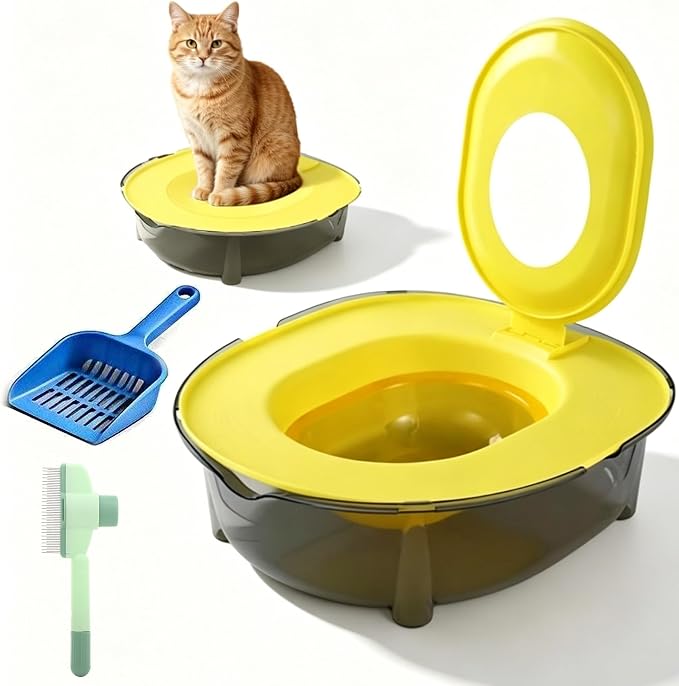 Cat Potty Training Kit for Indoor Cats, Portable Cat Toilet with Raised Anti-Splash Edge, Easy Clean Thickened PP Litter Box for Small and Medium Cats (Yellow)
