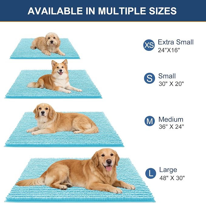 OLANLY Dog Door Mat for Muddy Paws 24x16, Extra Absorbent Chenille Mud Mat | Blue, Absorbs Moisture and Dirt, Non-Slip Machine Washable Doormat, Quick-Drying Indoor Entryway Floor Mat for Dogs