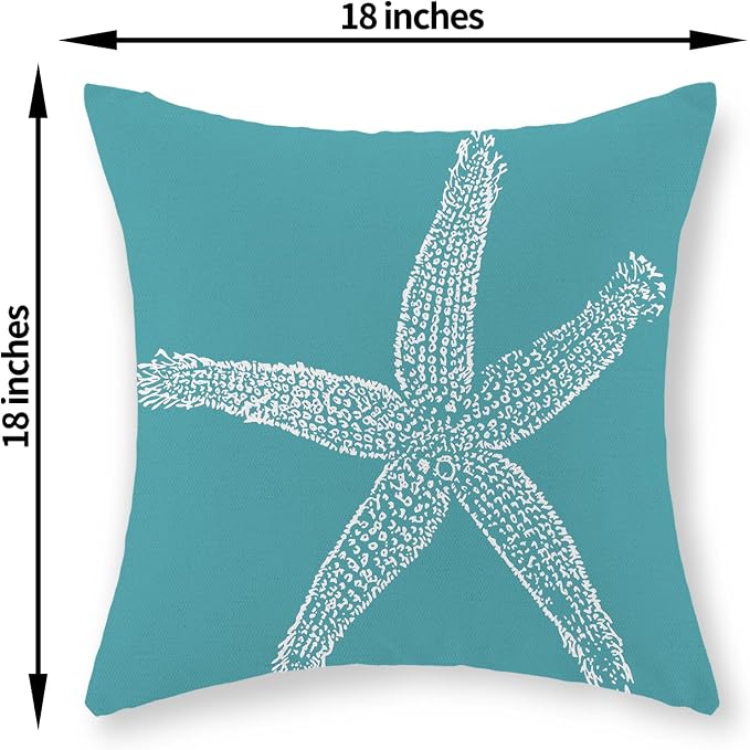 Coastal Pillow Covers 18x18 Set of 2 Aqua Teal Turquoise Coral Starfish Throw Pillows Nautical Ocean Decorations Summer Linen Beach Pillowcase Outdoor Decor Farmhouse Cushion Case for Couch