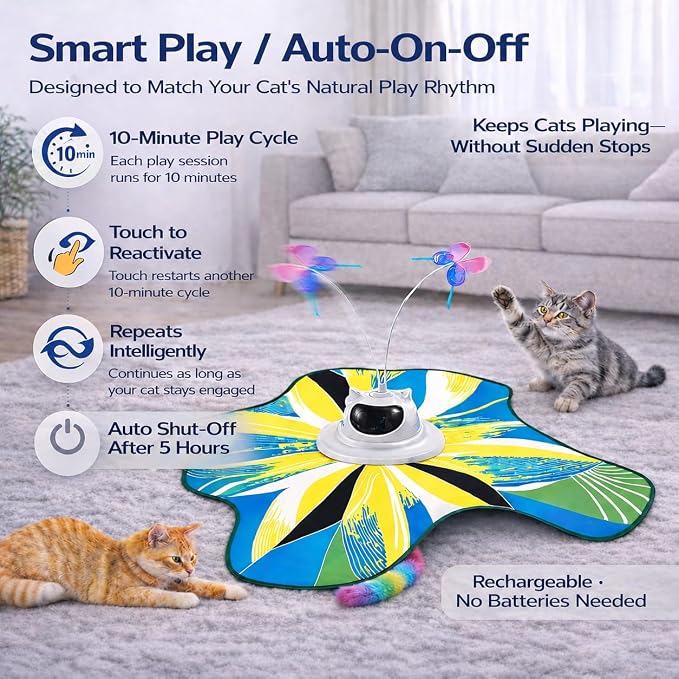 Interactive Cat Toy for Indoor Cats, Rechargeable 3-in-1 Hide and Seek Cat Toy with Spinning Butterfly & Plush Tail, Ultra-Quiet Touch Activated Self Play Cat Exercise Toy for Adult Cats & Kittens