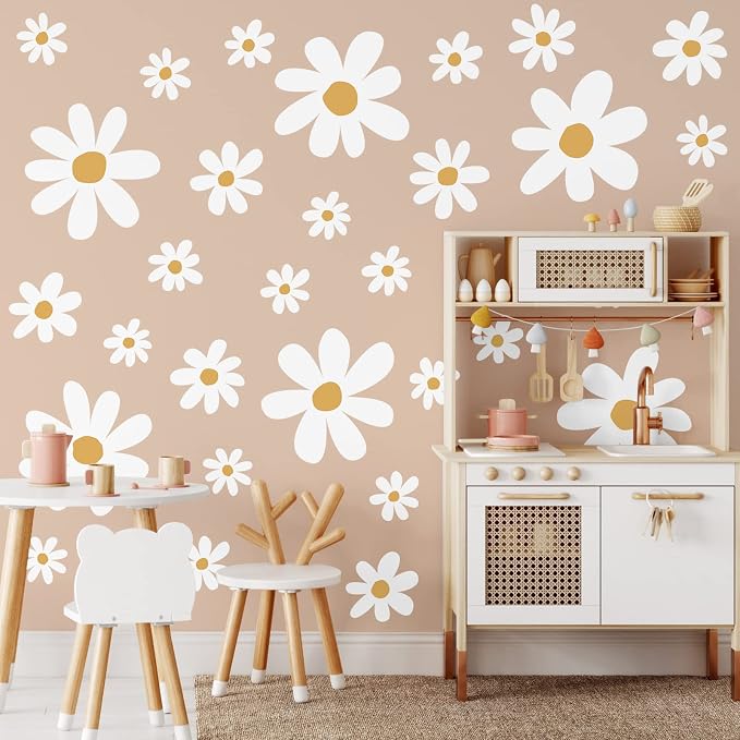 TaoBary 12 Sheet Daisy Wall Sticker Decal,White, Yellow,Cute Style | Big Flower Wall Sticker, Pink White Floral Decal, Daisy Bedroom Room Decor, Removable Peel and Stick, Nursery Home Wall Decor