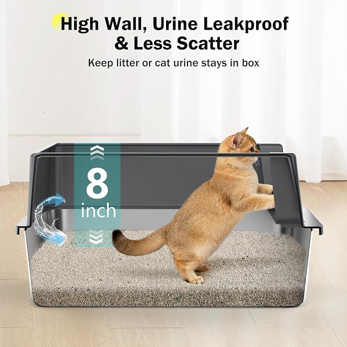 Stainless Steel Cat Litter Box with Lid, High-Sided Metal Litter Pan for Small Cats, Kitty Litter Box, Non-Stick & Odor-Resistant, Anti-Urine Leakage, Easy to Clean, Scoop Included