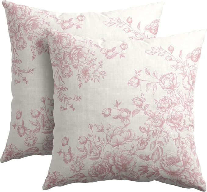 Kawani Pink Chinoiserie Pillow Covers 16x16 Set of 2 Oriental Vintage Flower Leaves Pillowcase Cotton Linen Square Cushion Case for Couch Sofa Bedroom Living Room Outdoor Spring Decor