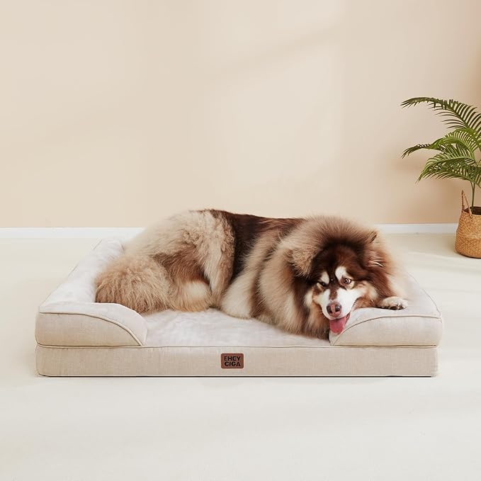 EHEYCIGA Orthopedic Dog Beds Large Sized Dog, Waterproof Washable Pet Bed | Non-Slip Bottom and Egg-Crate Memory Foam XL Dog Couch Bed with Washable Removable Cover, Beige