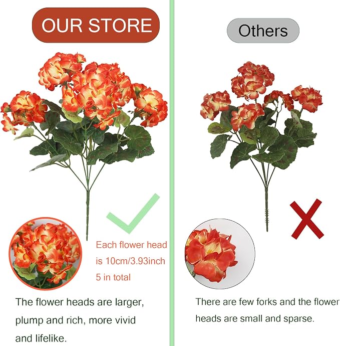 CISDUEO 4 Pcs Artificial Geraniums for Outdoors Silk Flowers Outside Orange | Faux Flowers Geraniums for Outdoor Planter Floral Home Decor Indoor Garden Patio Grave Cemetary Vase Table Centerpiece