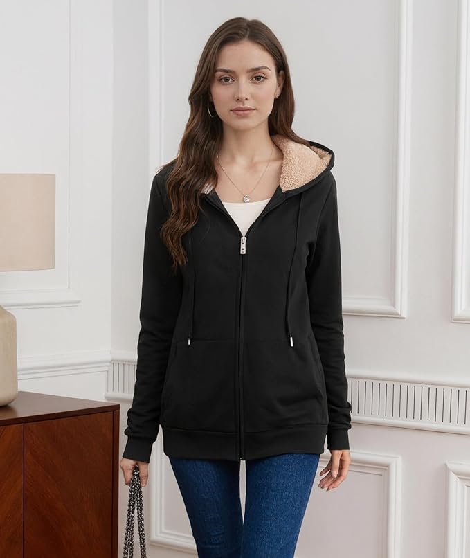 Little Beauty Womens Zip Up Hoodies Winter Thick Fleece Lined Hooded Jacket Casual Cozy Warm Sweatshirt Coat