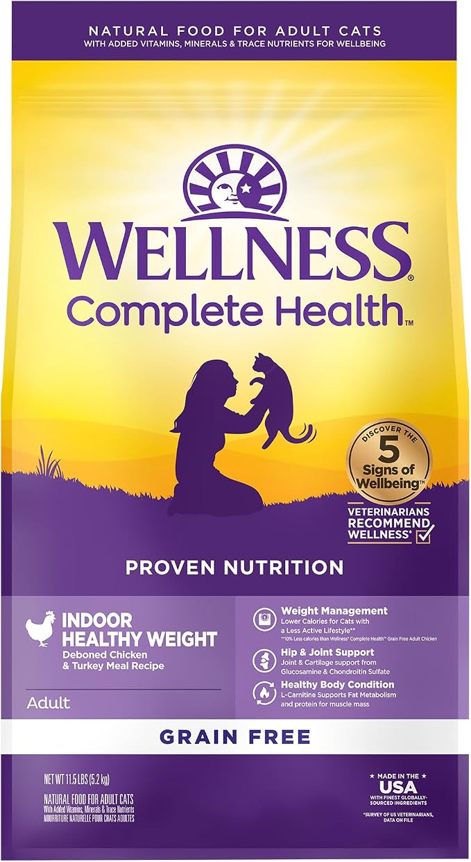 Wellness Complete Health Adult Dry Cat Food for Indoor Cats, Natural, Grain Free Kibble, Healthy Weight Chicken & Turkey Meal, 11.5 lb Bag