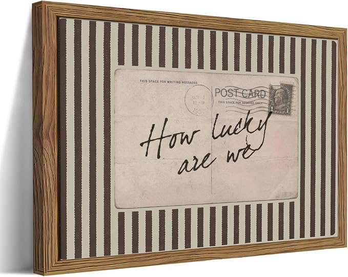 Framed How Lucky Are We Wall Art, Vintage Preppy Inspirational Canvas Wall Decor Painting, Funky Stripe Postcard Quote Poster Print Picture for Bedroom Dorm Apartment Decor 12x16 Inch