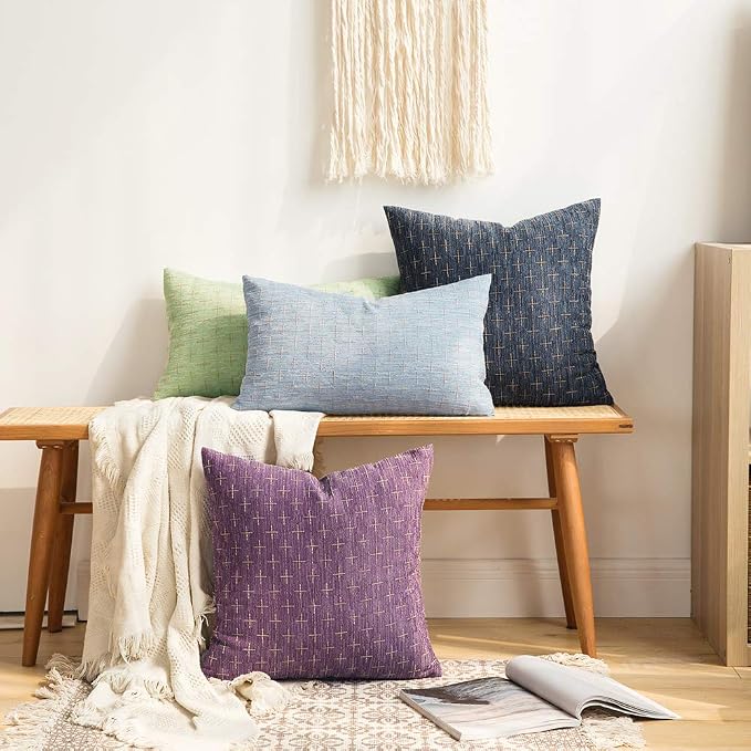 MIULEE Pack of 2 Decorative Burlap Linen Throw Pillow Covers Modern Farmhouse Vintage Pillowcase Rustic Woven Textured Cushion Cover for Sofa Couch Bed 18x18 Inch Blue