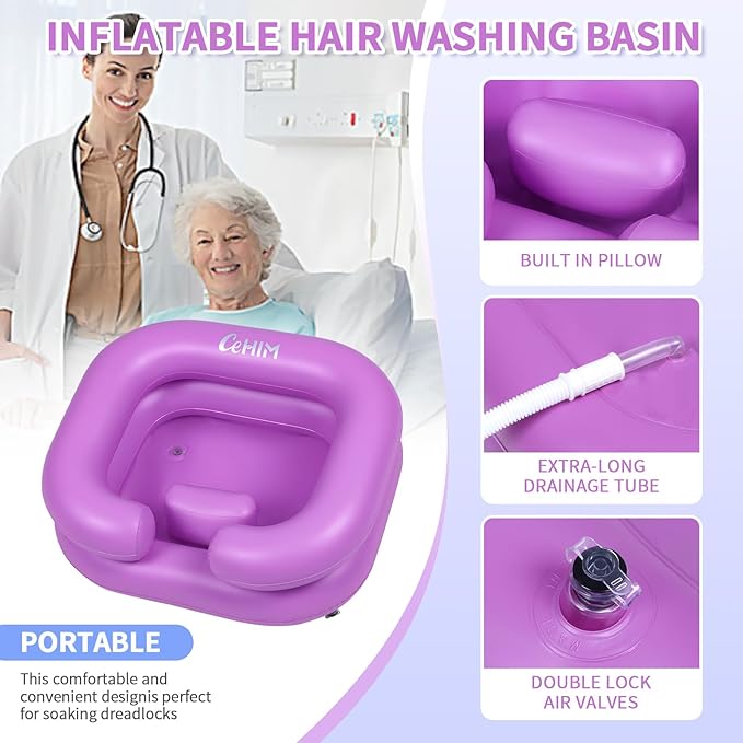 Inflatable Shampoo Basin - Portable Shampoo Bowl, Hair Washing Basin for Bedridden, Disabled,Injured, Hair Wash Tub for Dreadlocks and at Home Sink Washing (Purple)