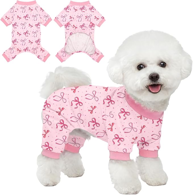 Dog Pajamas for Small Medium Dogs Pjs Pink Bow Dog Onesie Breathable Puppy Pj Pet Stretchy Soft Sleepwear for Spring Summer Costume-L