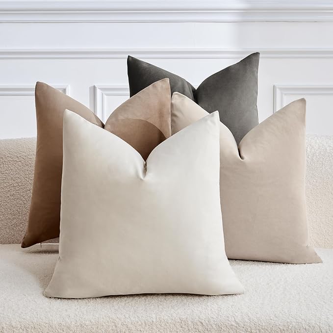 Throw Pillow Covers Set of 4 18x18 Inch Pillow Covers, Soft Velvet Neutral Beige Khaki Grey Pillowcases for Couch Sofa Bed Living Room, Home Boho Decor, Farmhouse Cushion Covers