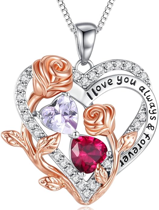 I Love You Birthstone Necklace, 925 Sterling Silver Heart Pendant with CZ Diamond Stones, Birthday Gifts for Women, Romantic Gift for Wife, Girlfriend, Her, Anniversary, Valentine's Day, Christmas