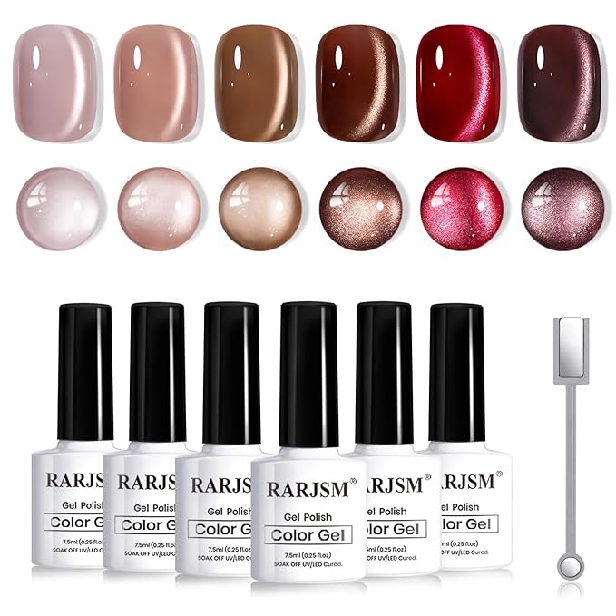 RARJSM Coffee Brown Ceramic Glitter Cat Eye Gel Nail Polish Set 6pcs Nude Light Mocha Brown Champagne Ruby Red Dark Cherry Red Jelly Sparkle Diamond Silver Shimmer Cateye Gelpolish Curing Requires