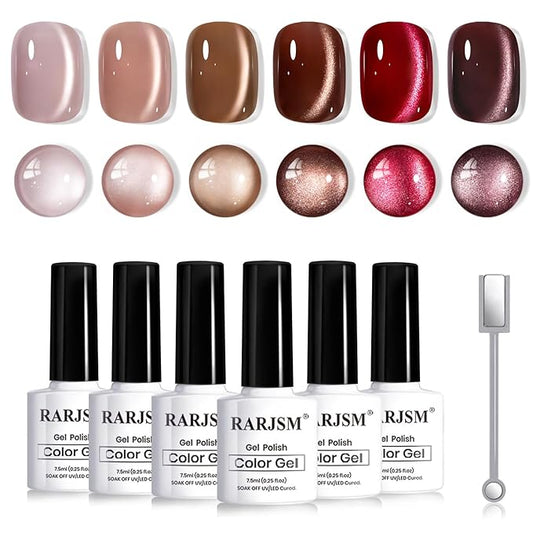 RARJSM Coffee Brown Ceramic Glitter Cat Eye Gel Nail Polish Set 6pcs Nude Light Mocha Brown Champagne Ruby Red Dark Cherry Red Jelly Sparkle Diamond Silver Shimmer Cateye Gelpolish Curing Requires