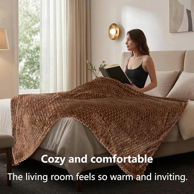 Vessia Flannel Fleece Throw Blanket(50x70 inch), 3D Jacquard Mocha Fuzzy and Warm Blanket for Couch,Sofa,Bed, 300GSM Super Soft Touch Cozy Lightweight Throw for All-Season Home Decor