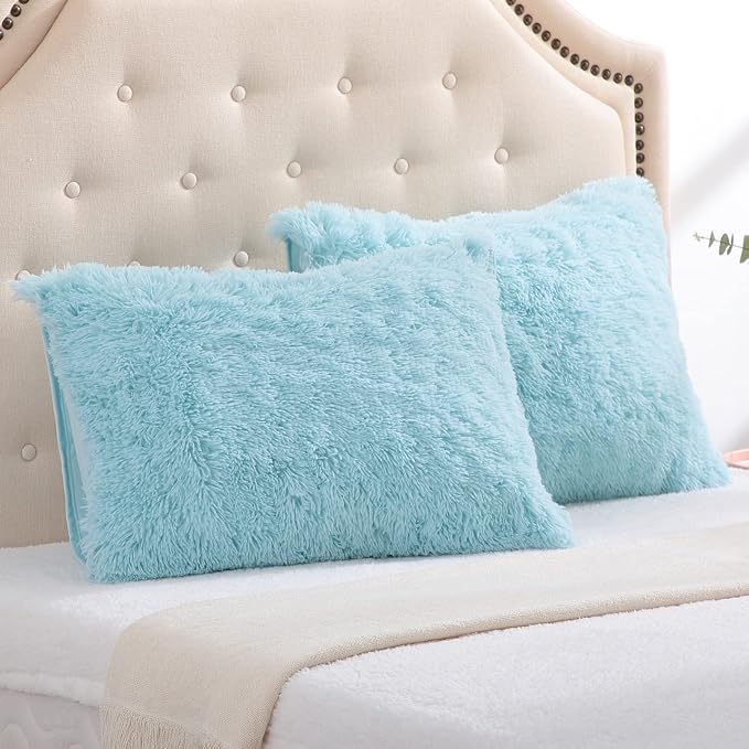REAFORT Long Hair Faux Fur Standard Shams 20"x26", Envelope Closure (Aqua) | Ultra-soft long hair faux fur with an envelope closure offers plush comfort and is machine washable for easy care.