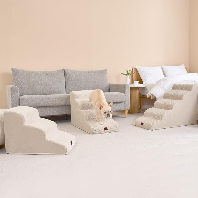 EHEYCIGA Curved Dog Stairs Ramp, 3-Step Dog Steps, 15.8" H Pet Step | 34D density of pure foam, for Small Dogs and Cats, Pet Stairs for High Bed Climbing, Non-Slip Balanced Indoor, Beige