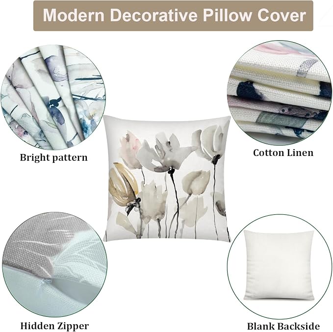 Watercolor Floral Throw Pillow Covers 20x20 Set of 6, Nature Home Decor | daisy Floral, decorative cushion cover, Breathable Linen, large Throw Pillow Size, modern Decor, Couch Sofa Living Room