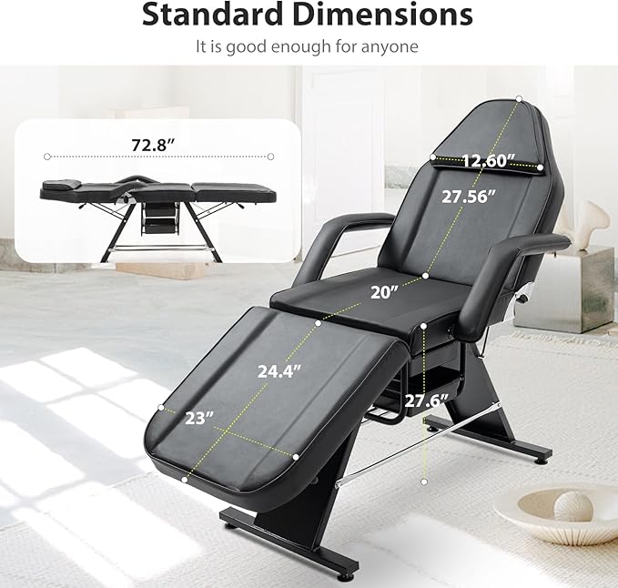 Massage Salon Tattoo Chair with Two Trays， Esthetician Bed with Hydraulic Stool,Multi-Purpose 3-Section Facial Bed Table, Adjustable Beauty Barber Spa Beauty Equipment (Black, Wide)