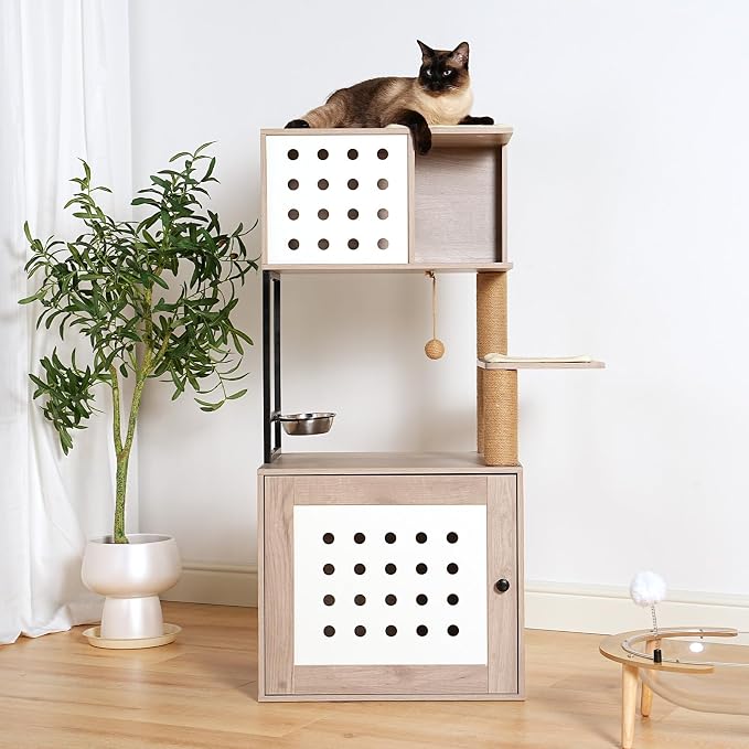 Cat Tree & Litter Box Enclosure,Modern All-in-one Indoor Cats Tower with Large Platform, Cat Condo with Wood House, Food Station, Hammocks (21.7”)