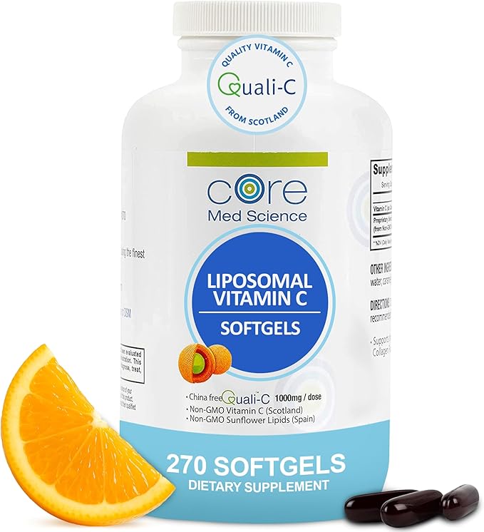 Liposomal Vitamin C 1000mg by Core Med Science, 270 Softgels - Non-GMO Natural Liposomal Vitamin C Supplement That Promotes Healthy Skin - Immune System Booster for Adults, Supports Collagen Formation