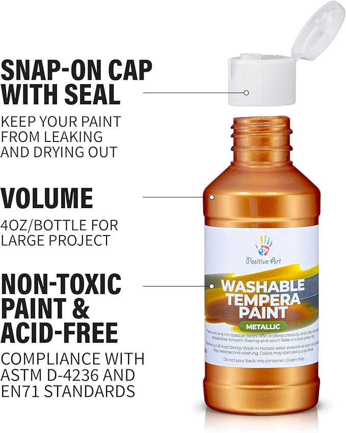 Metallic Washable Tempera Paint – 6 Shimmer Colors, 4 fl oz Bottles, Non-Toxic Kid-Safe School & Craft Paint, Easy Cleanup, Classroom Art Supplies, Made in USA