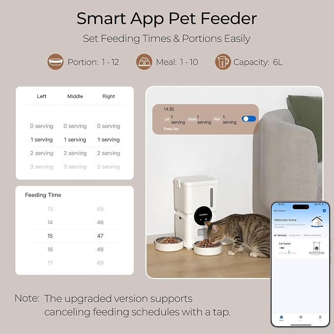 Automatic Cat Feeder for 3 Cats, 6L 5G WiFi Feeder, Slow Feed, Warm White | 3-bowl system with app scheduling, 15-day battery backup, stainless steel bowls, and sealed freshness protection.
