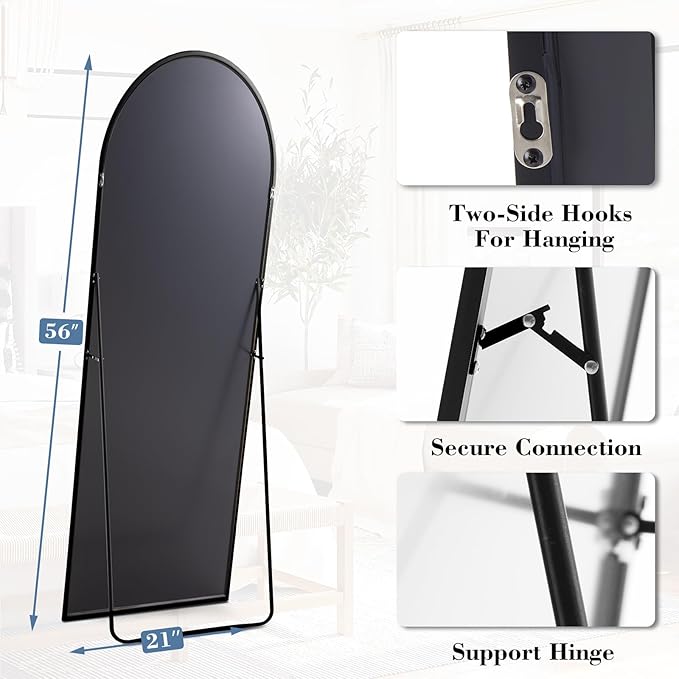 DUMOS 56"x15" Arched Full Length Mirror with Stand, Full Body Floor Mirror | Free Standing or Wall Mount, Nano Glass Aluminum Frame, Hanging or Leaning, Modern Simple Home Decor, Black