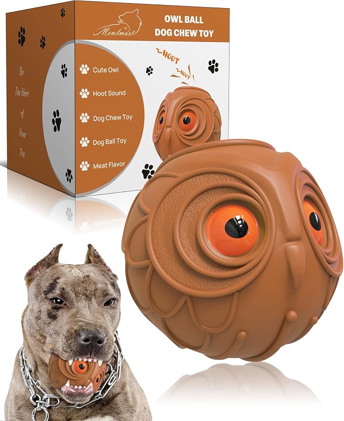 Mewlmart Giggle Ball for Dogs Owl Toys for Aggressive Chewers Dog Ball Toy for Puppy Medium Large Dogs Fun Gift for Dog Natural Rubber Hoot Brown