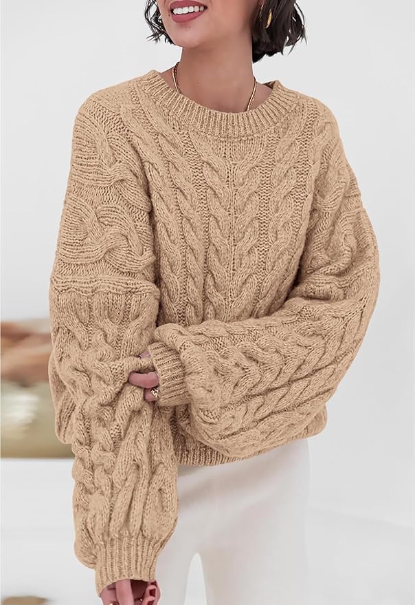 PRETTYGARDEN Womens Sweaters Spring 2026 Cable Knit Long Sleeve Crewneck Oversized Sweater Chunky Pullover Loose Outfits