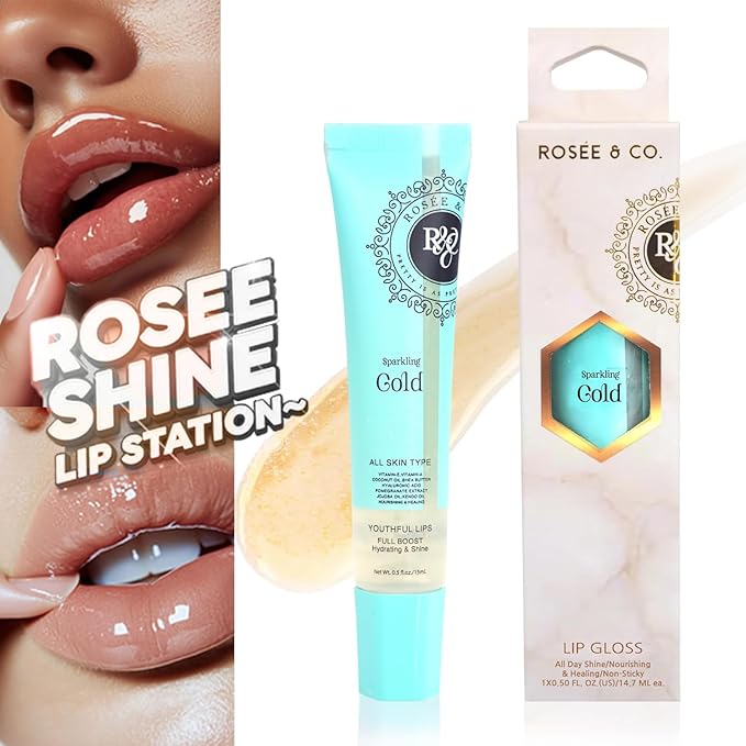 Rosee Lip Gloss Vegan & Cruelty Free Treatment, Professional Make up, Long Lasting Glossy with Shea Butter, Moisturize, Protect & Smooth, High Shine, Non-Sticky (e. Sparkling Gold, 0.5)