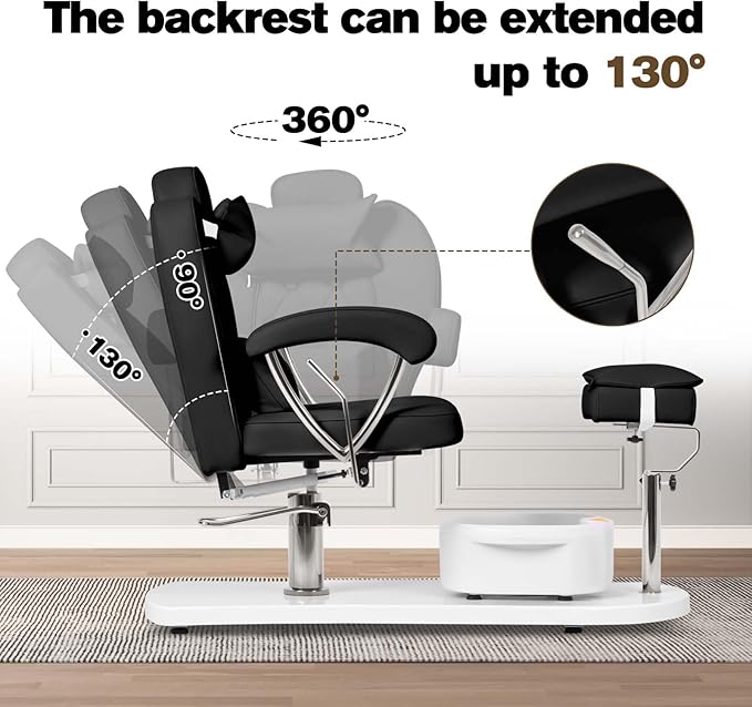 Pedicure Chair No Plumbing with Stool & Foot Bath, 360°Swivel Hydraulic Reclining Pedicure Station with Footrest & Ergonomic Headrest for Nail Tech, Spa, Salon (Black)