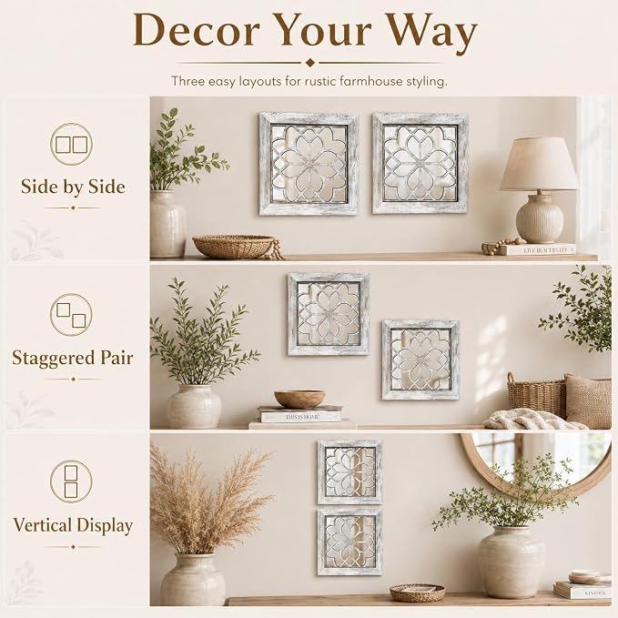 Boho Wall Mirror Decor, Set of 2 Rustic Farmhouse Accent Mirrors 12x12 Inch, Square Acrylic Shatterproof Vintage Style Mirror for Wall, Small Decorative Mirrors for Living Room, Bedroom, Grey