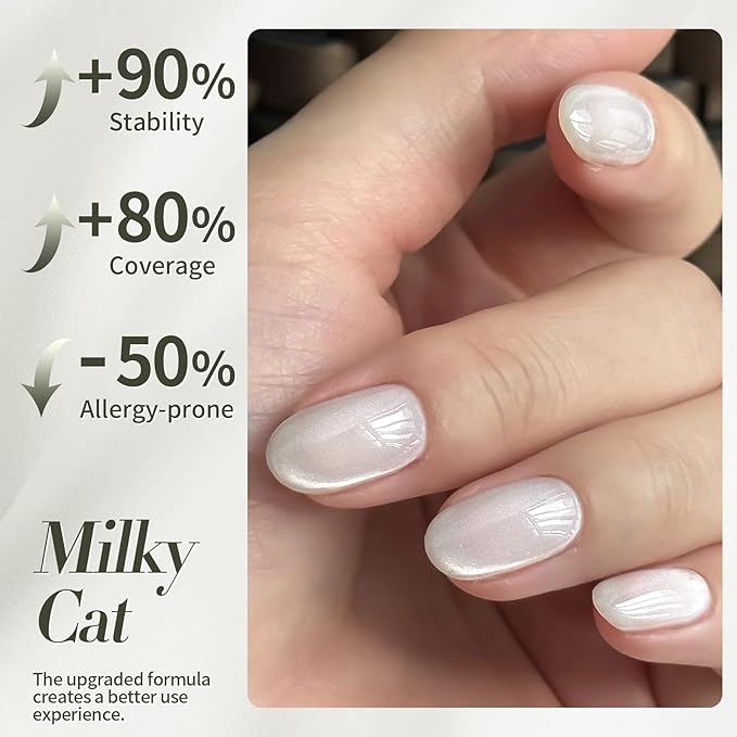 BORN PRETTY Cat Magnetic Eye Gel Nail Polish, Milky White Cat Glitter Cat Magnetic Gel Nail Polish, Holographic Magnetic Nail Polish for Nail Art Manicure Salon DIY at Home 15ML