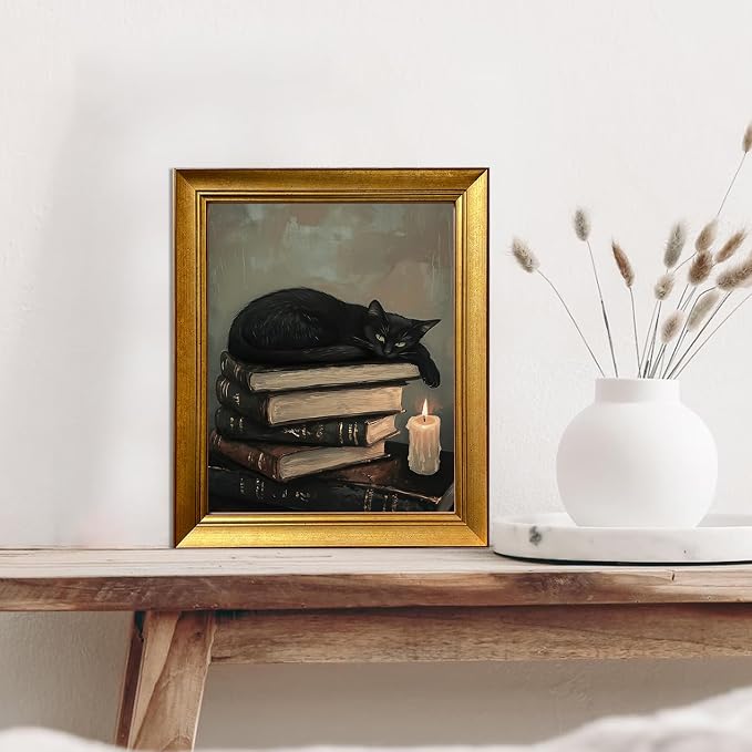 Framed Vintage Cat Wall Art for Bedroom Decor Antique Painting Black Cat Canvas Print Artworks for Study Room Living Room Home Decor Aesthetic