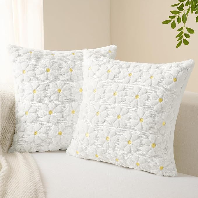 Softalker Spring Summer Decorative Pillow Covers 18 x 18 Inch Set of 2,Outdoor Farmhouse Floral Daisy Soft Faux Fur Cushion Covers, 3D Pillow Cases for Bedroom Living Couch Sofa Home Decor, White