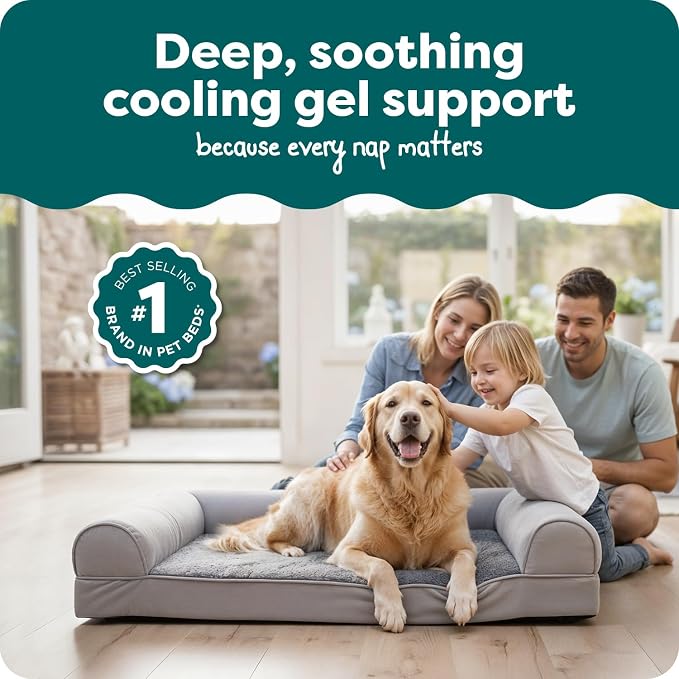 FurHaven Orthopedic Dog Bed for Large Dogs, Sofa-Style with Cool Gel-Top Foam with a Solid Orthopedic Foam Base for Joint Support, Removable Washable Cover, Jumbo XL, Plush & Suede, Gray