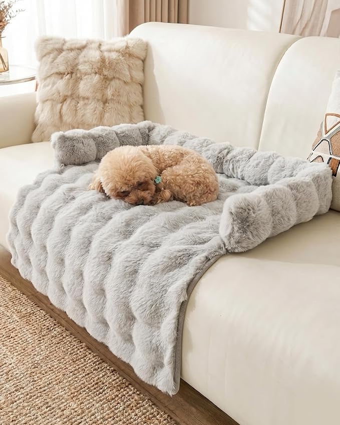 IUUI Dog Bed/Mat for Couch,Faux Rabbit Fur Pet Sofa Furniture Protector | Non-Slip&Manchine Washable,Protects Sofa from Fur & Scratches,Bubble Puff Fluffy Texture,Cozy for All Size Dogs&Cats