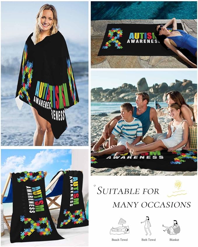 YOUNGKIDS Abstract Retro Oversized Beach Towels - 35x70in Microfiber Beach Towels Autism Awareness Jigsaw Blocks Pieces Black Quick Dry Lightweight Beach Pool Towel for Travel Camping Yoga