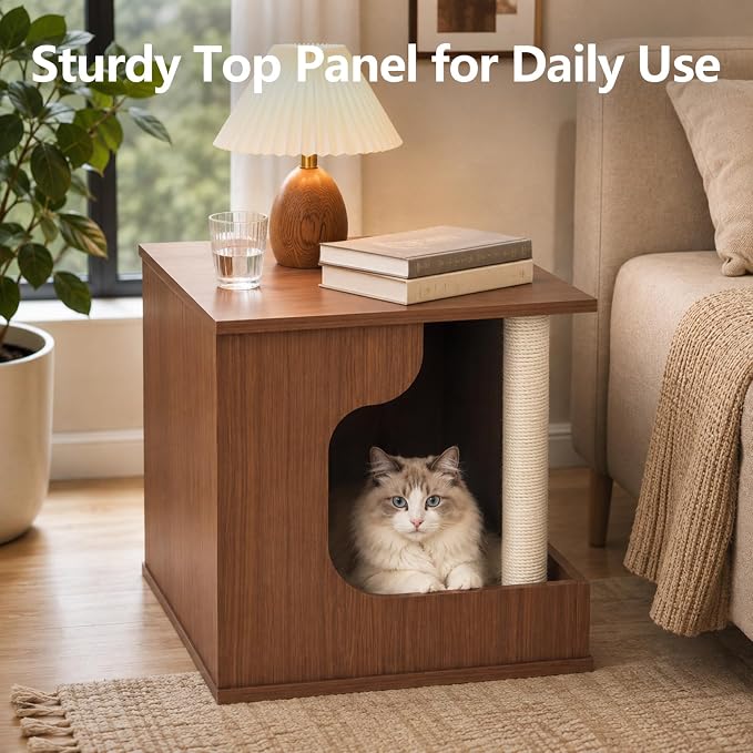 Cat Side Table with Cat Scratching Posts,Cat House with Storage for Living Room | Multi‑Purpose Cat Hideaway Furniture with Sisal Scratching Post, Cat Cave Bed for Indoor Cats, Human‑Pet Shared Table