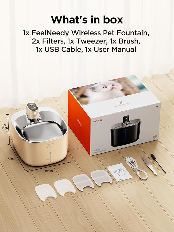 FEELNEEDY Cat Water Fountain Battery Operated, 4L/135 fl oz Pet Water Fountain for Cats and Dog with Motion Sensor, Ultra Quiet Cat Drinking Fountain with 2 Filters (Beige YPD-C004P)