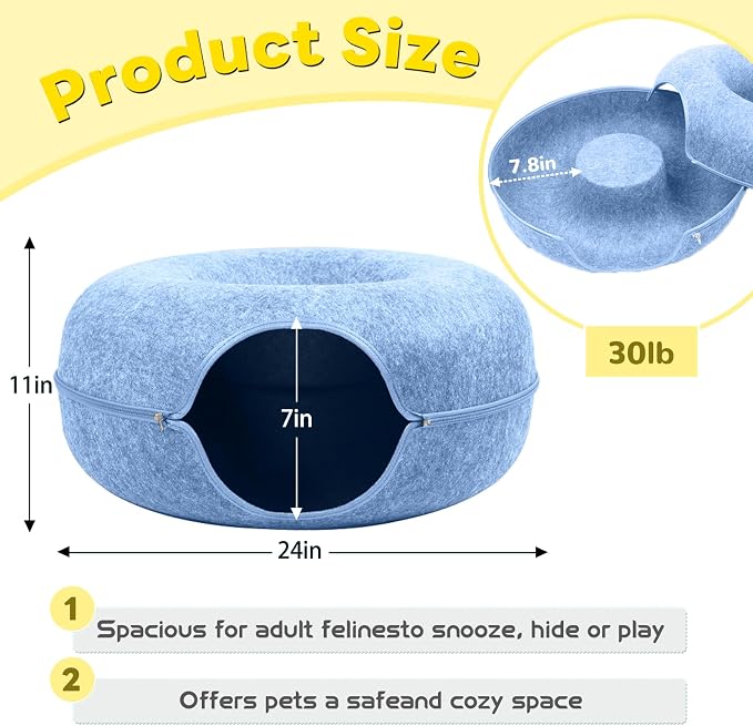 Cat Caves for Indoor Cats, Large Cat Tunnel for Multiple & Large Cats, Scratch Detachable Cave Bed, Kitten Donut Kitty Hideaway Up to 45 Lbs (Blue, Large, 2 Pack)