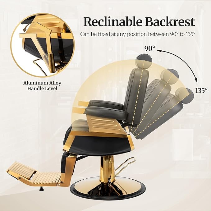 Winado Heavy Duty Vintage Barber Chair, Hydraulic Reclining Salon Chairs for Hair Stylist with Footrest & Headrest, 360° Swivel All Purpose Chair Salon Beauty Spa Shampoo Equipment, Black & Gold