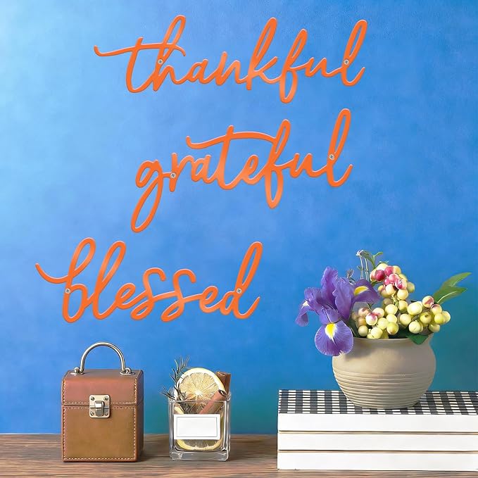 Thankful Grateful Blessed Letter Sign Metal Wall Decor, 3 Piece Black Letters Wall Art for Bathroom Bedroom Metal Words Wall Decor for Home Decor (Orange)