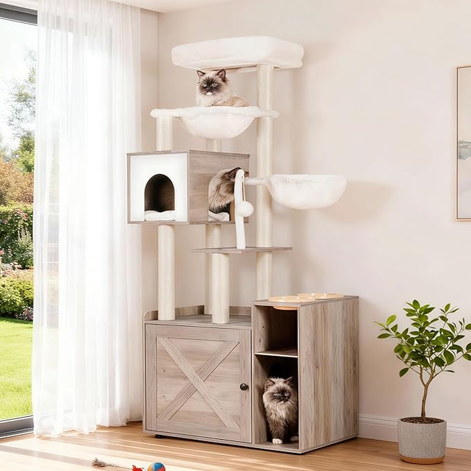 Hey-brother Cat Tree Tower, Wooden Litter Box Enclosure and Condo, MPJ115SG | 61.02 Inches Modern Cat Furniture with Large Platform, Scratching Posts, 2 Hammocks, All-in-one for Indoor Cats, Rustic Gray