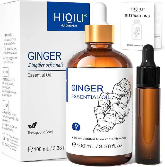 HIQILI Ginger Essential Oil 3.38 Fl Oz, for Massage, Diffuser, Large Bottle with Dropper & Gift Box -100ml | With 10ml Travel Bottle, Creates a Cozy, Soothing Space, Warming Sensation for Body & Joint Comfort - 100ml / 3.38 fl oz