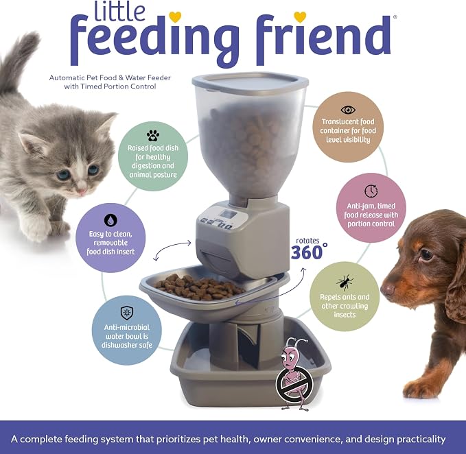 Feeding Friend® Automatic Dog & Cat Food Feeder with Water Dispenser, Portion Control, OLED Display, Anti-Jam Design, Battery Operated, for Pets 4–15 lb, Taupe